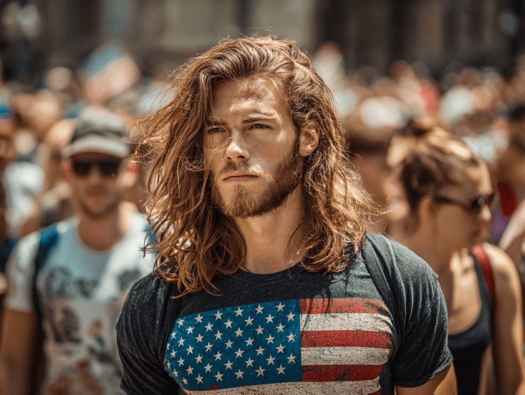 Man wearing an American flag shirt in a crowd, symbolizing identity, cultural expression, and how clothing communicates meaning before words