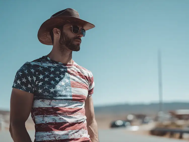 Man wearing an American flag t-shirt representing patriotism, identity, and modern American style