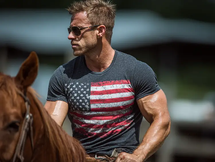 Patriotic American man wearing a USA flag t-shirt, representing strength, identity, and American pride
