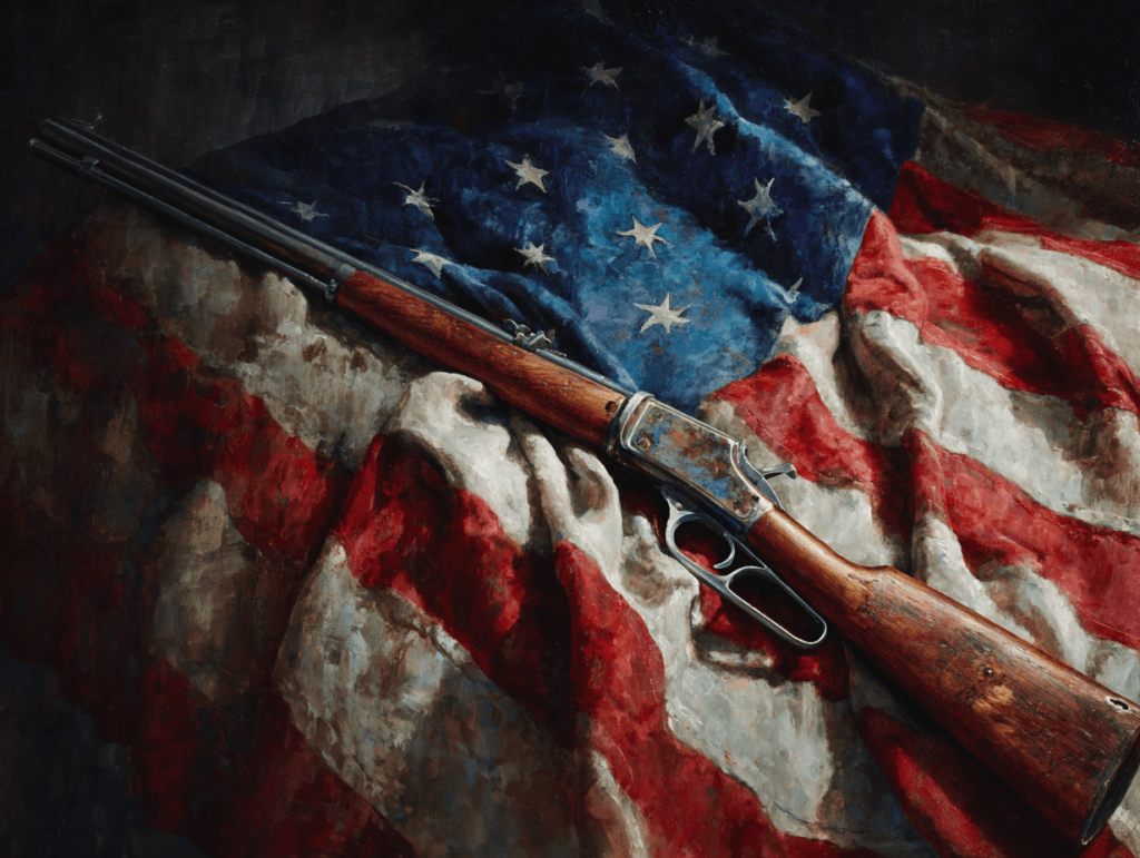 Painting of a rifle resting on the American flag symbolizing the Second Amendment and constitutional rights