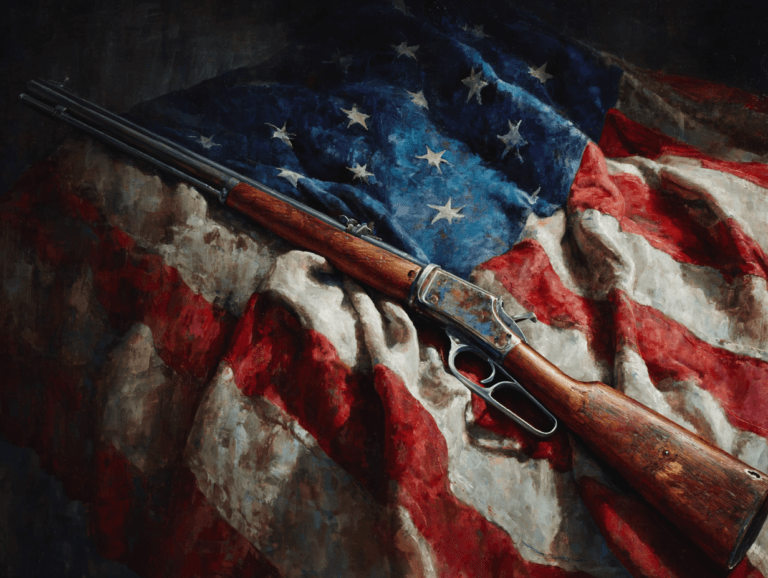 Painting of a rifle resting on the American flag symbolizing the Second Amendment and constitutional rights